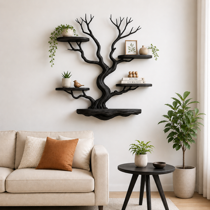 Handcrafted Solid Wood Tree Wall Shelf with Floating Display Shelves