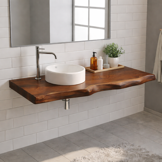 Floating Live Edge Solid Wood Bathroom Vanity Top – Rustic Wall Mounted Wood Countertop Kitchnce