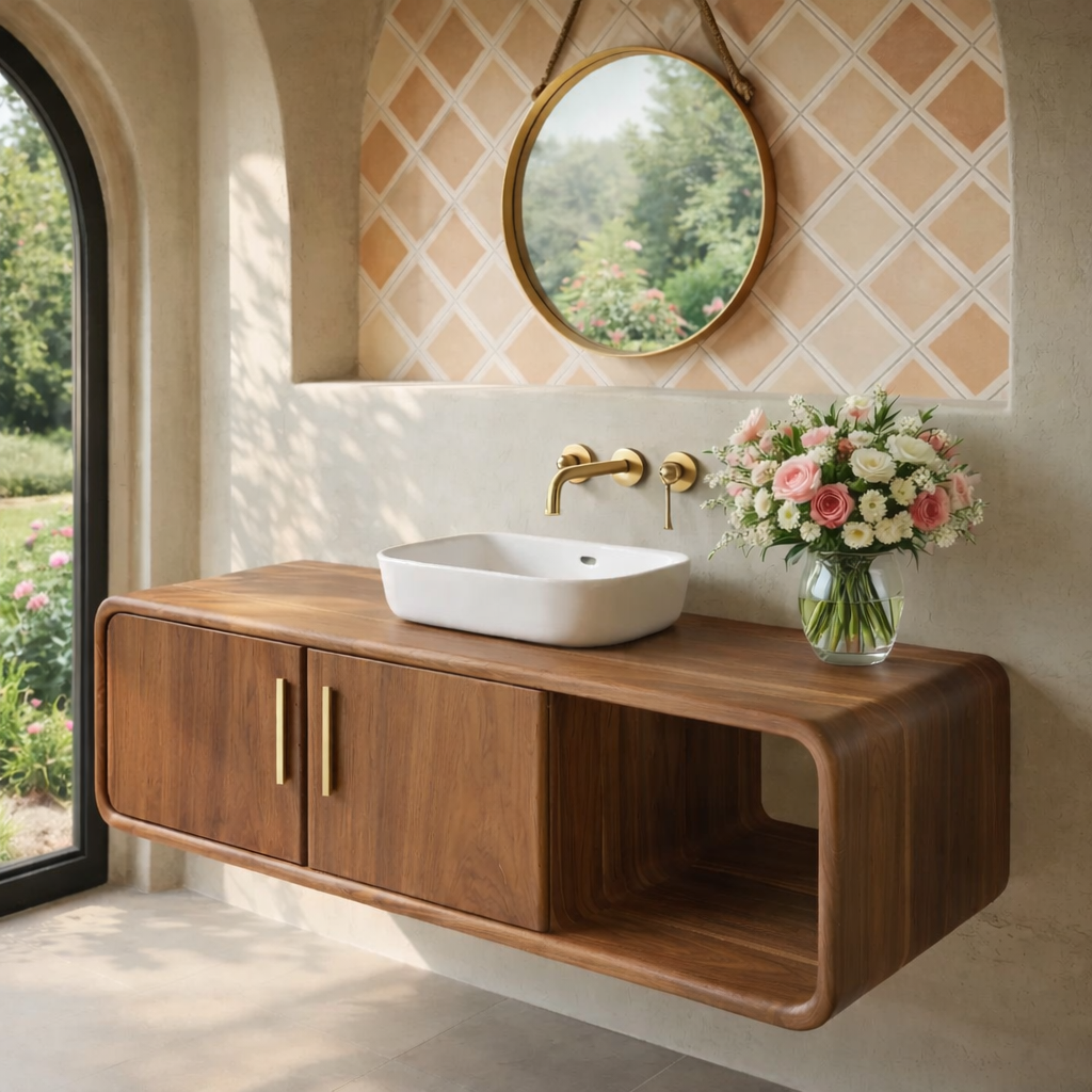 Floating Solid Wood Bathroom Vanity with Cabinet Doors and Open Shelf for Elegant Bathrooms Kitchnce