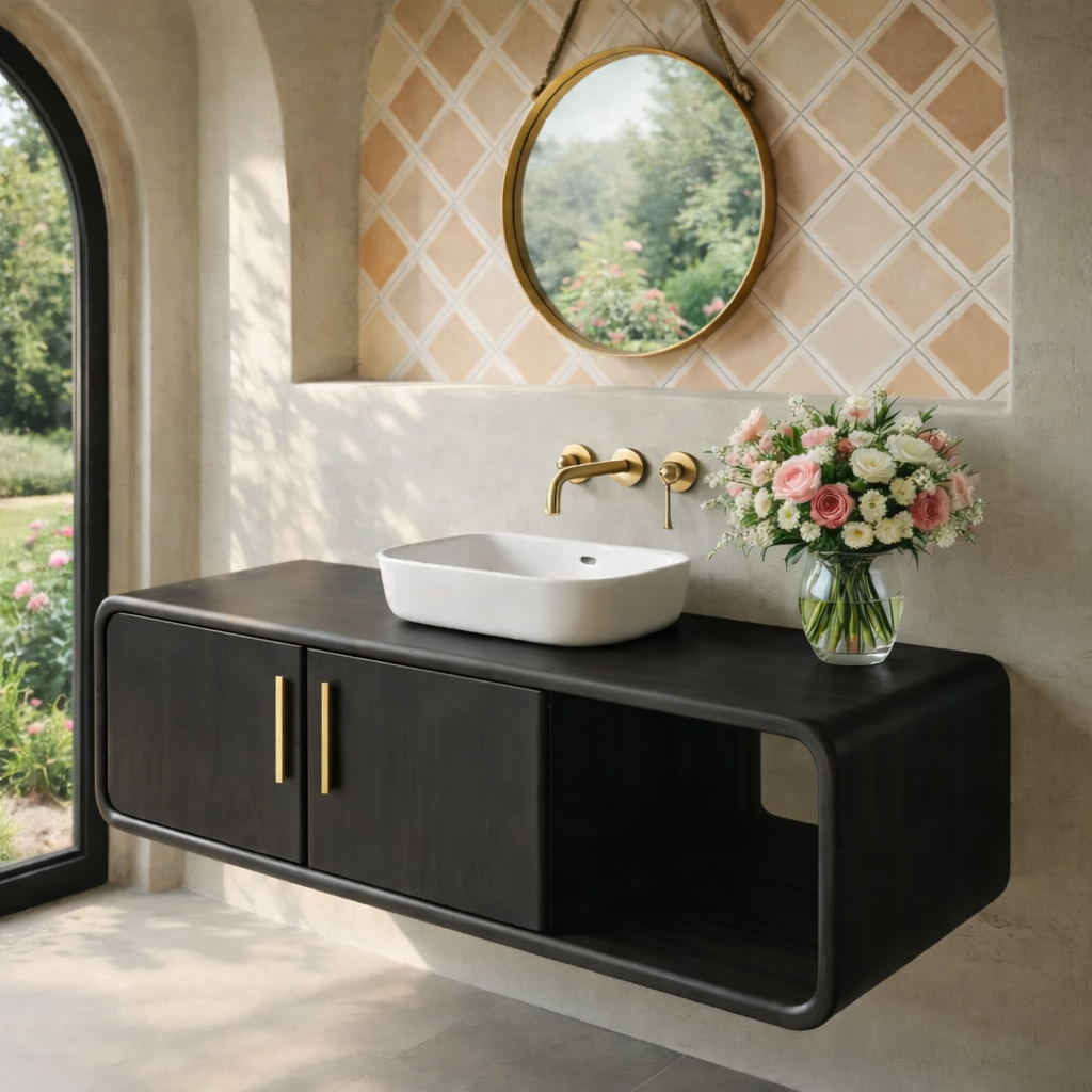 Floating Solid Wood Bathroom Vanity with Cabinet Doors and Open Shelf for Elegant Bathrooms Kitchnce