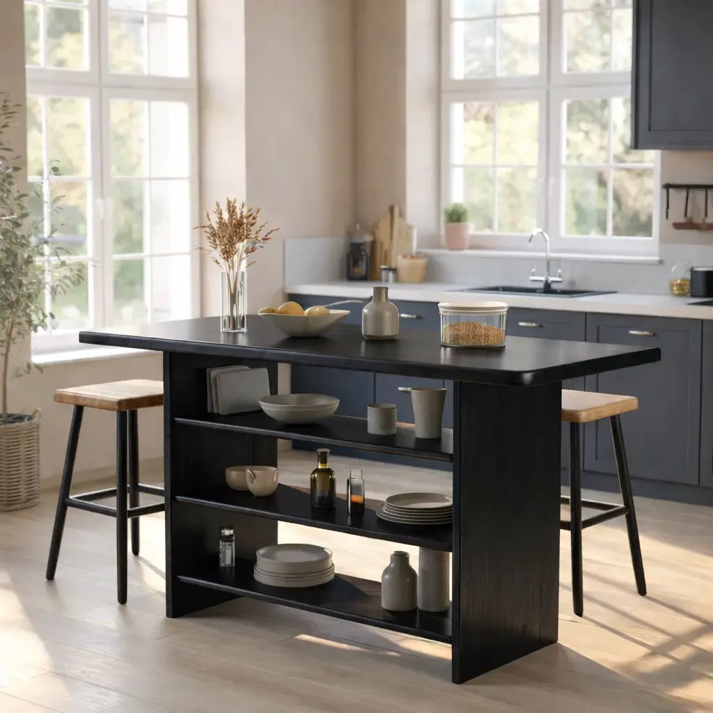 Solid Wood Kitchen Island with Open Storage Shelves and Kitchen Bar Table Kitchnce