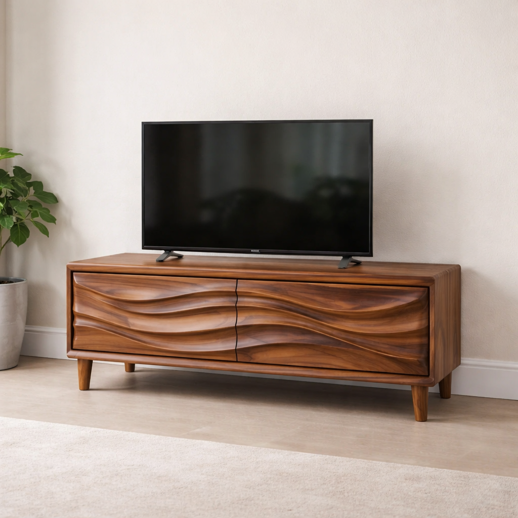 Solid Wood TV Stand for Modern Living Room with Wave Textured Front