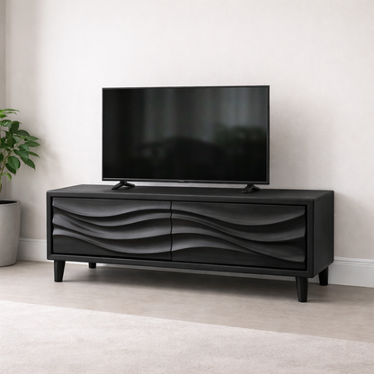 Solid Wood TV Stand for Modern Living Room with Wave Textured Front
