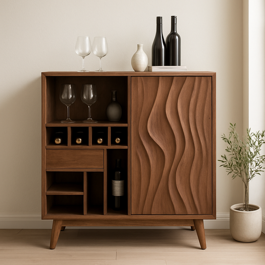 Solid Wood Wine Cabinet with Wave Carved Door and Compact Bottle Storage
