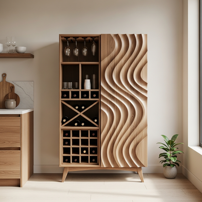 Solid Wood Wine Cabinet with Wave Carved Door and Bottle Storage Rack