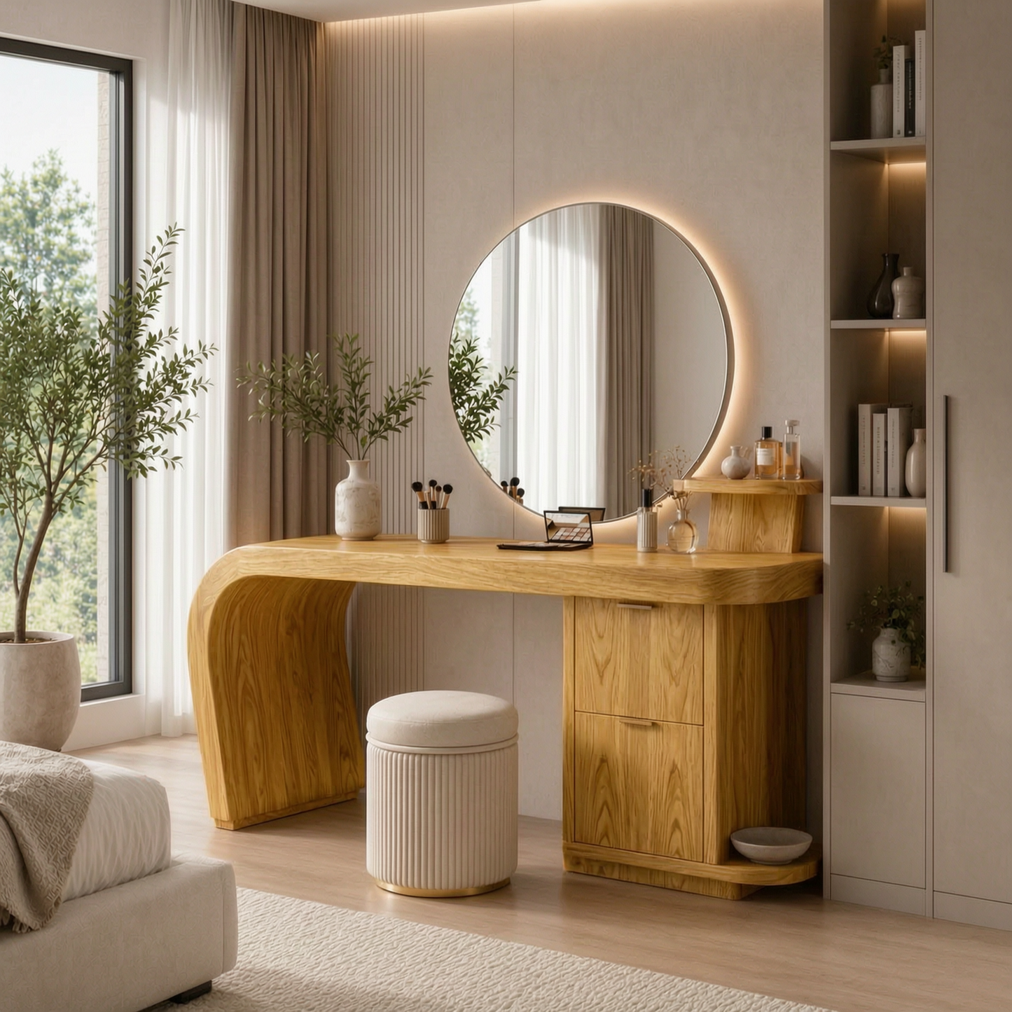 Solid Wood Makeup Vanity Desk with Curved Base and Storage Cabinet