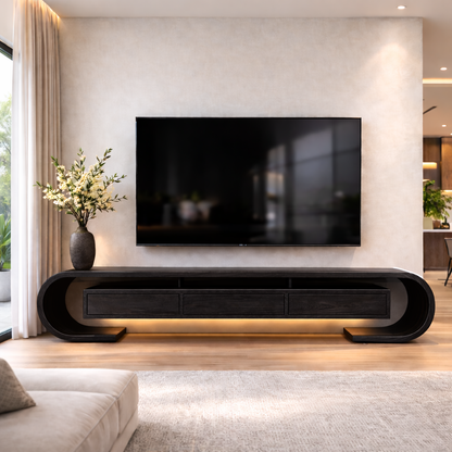 Modern Curved Solid Wood TV Stand – Walnut Floating Media Console with Drawers Kitchnce