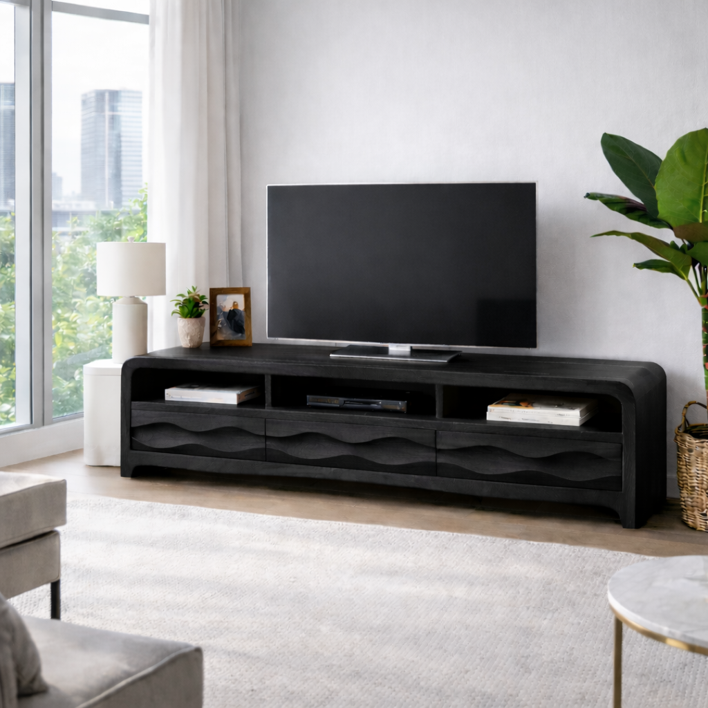 Solid Wood TV Stand with Wave-Front Drawers and Open Shelf for Stylish Living Spaces Kitchnce