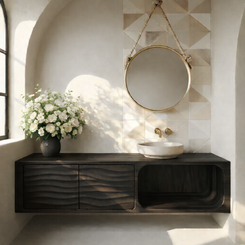 Floating Solid Wood Bathroom Vanity with Textured Cabinet Doors and Open Shelf for Contemporary Homes Kitchnce