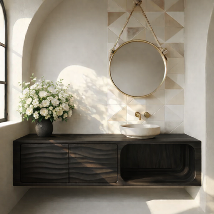Floating Solid Wood Bathroom Vanity with Textured Cabinet Doors and Open Shelf for Contemporary Homes Kitchnce