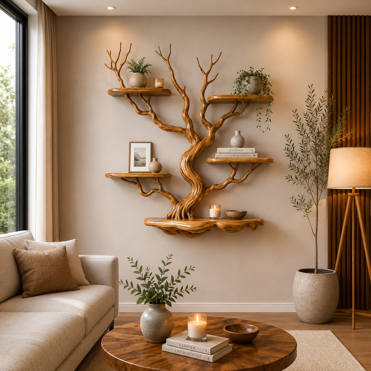 Nature Inspired Solid Wood Tree Bookshelf with Floating Display Shelves