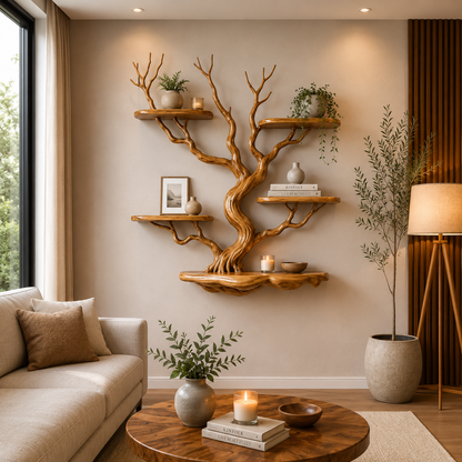 Nature Inspired Solid Wood Tree Bookshelf with Floating Display Shelves