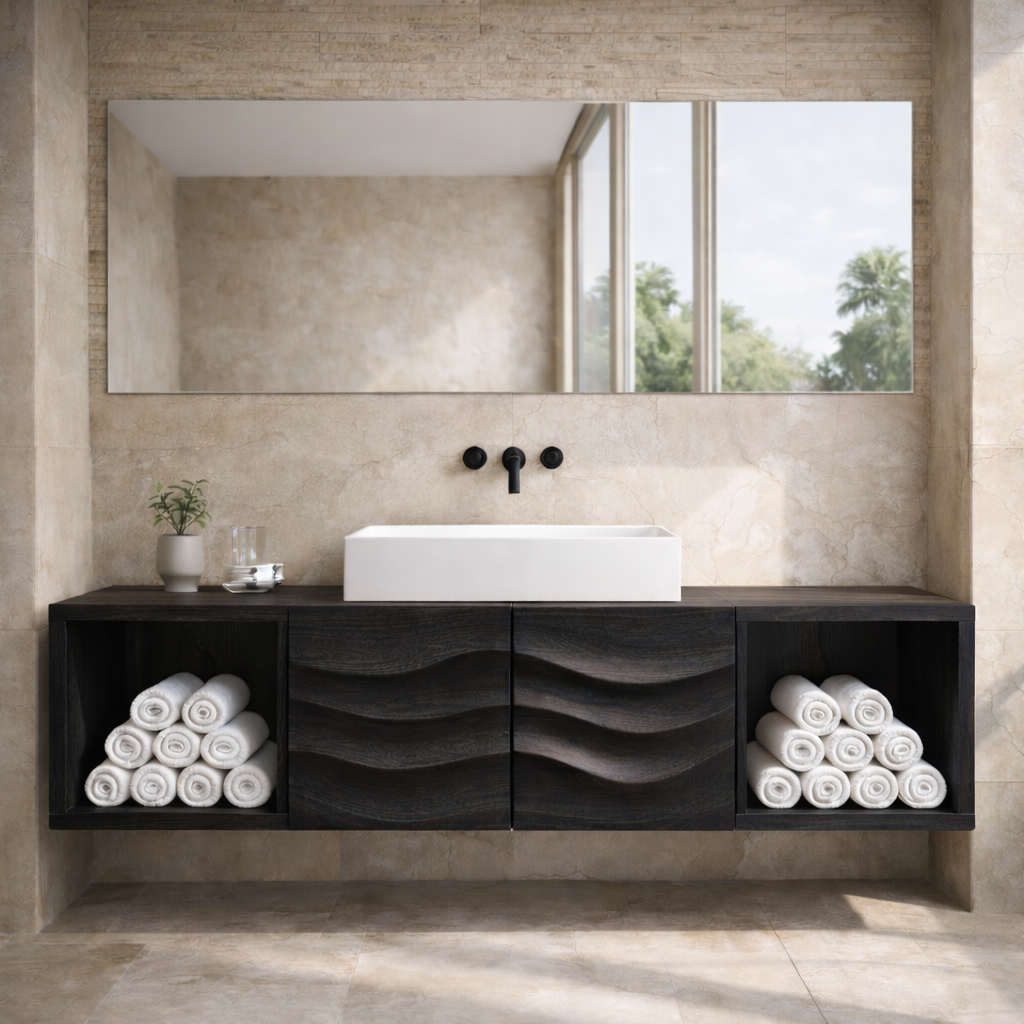 Floating Solid Wood Bathroom Vanity with Wave Textured Doors and Open Shelves