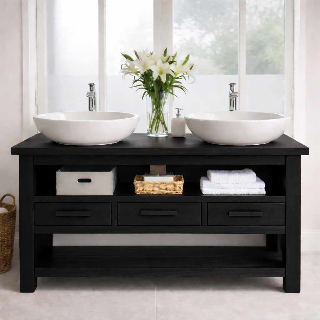 Solid Oak Double Bathroom Vanity with Storage for Spacious Bathrooms Kitchnce