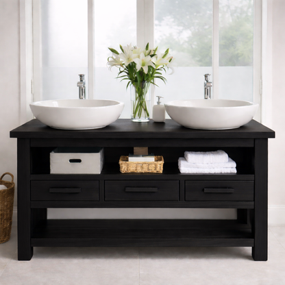 Solid Oak Double Bathroom Vanity with Storage for Spacious Bathrooms Kitchnce