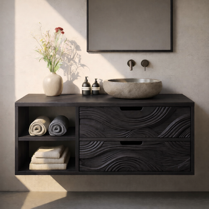 Floating Solid Wood Bathroom Vanity with Sculpted Wave Drawers and Open Shelf – Modern Organic Bathroom Cabinet Kitchnce