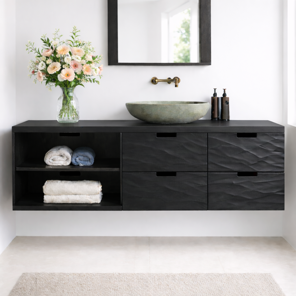 Floating Solid Wood Bathroom Vanity with Textured Drawer Fronts and Open Shelf – Modern Rustic Wall Mounted Vanity Kitchnce