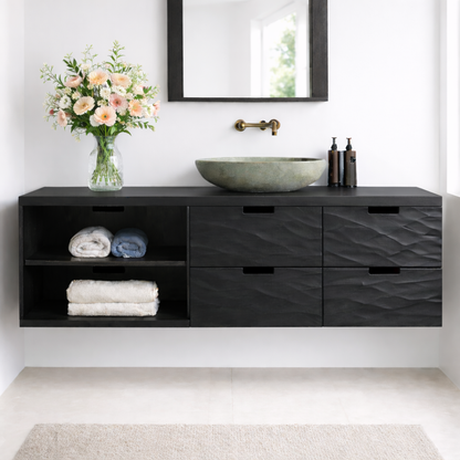 Floating Solid Wood Bathroom Vanity with Textured Drawer Fronts and Open Shelf – Modern Rustic Wall Mounted Vanity Kitchnce