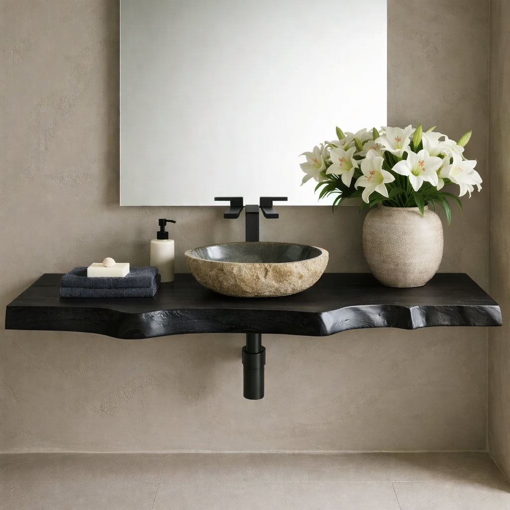 Floating Live Edge Solid Wood Bathroom Vanity Shelf – Natural Wood Slab Wall Mounted Countertop Kitchnce