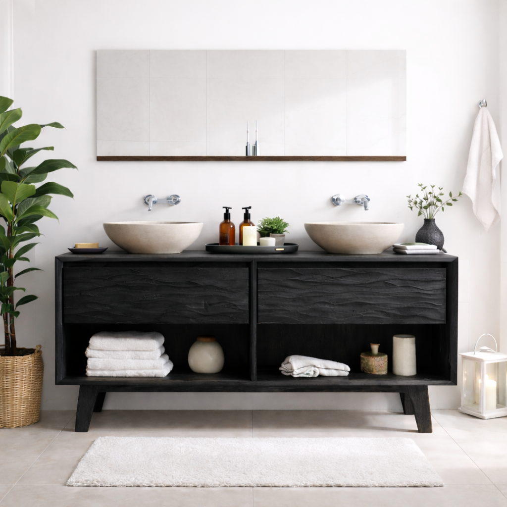 Mid-Century Solid Wood Double Bathroom Vanity with Sculpted Wave Drawer Fronts and Open Storage Kitchnce