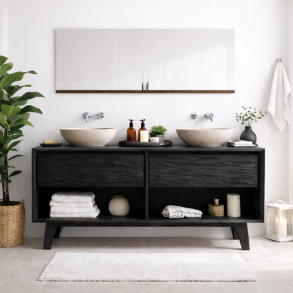 Mid-Century Solid Wood Double Bathroom Vanity with Sculpted Wave Drawer Fronts and Open Storage Kitchnce