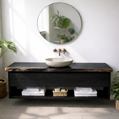 Floating Solid Wood Bathroom Vanity with Drawer and Open Shelf, Wall Mounted Wood Vanity Kitchnce