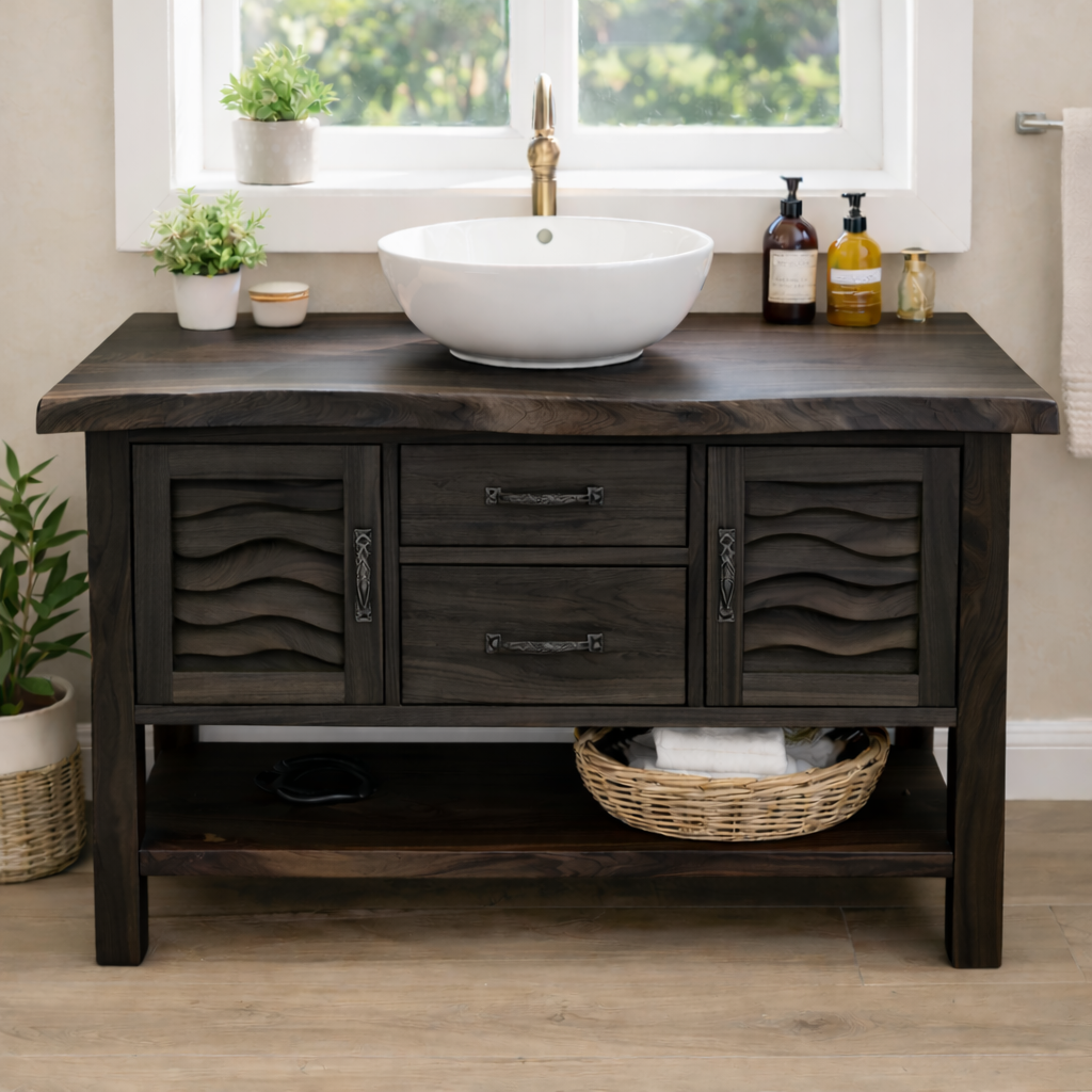 Solid Wood Bathroom Vanity with Sculpted Wave Doors and Open Shelf Kitchnce