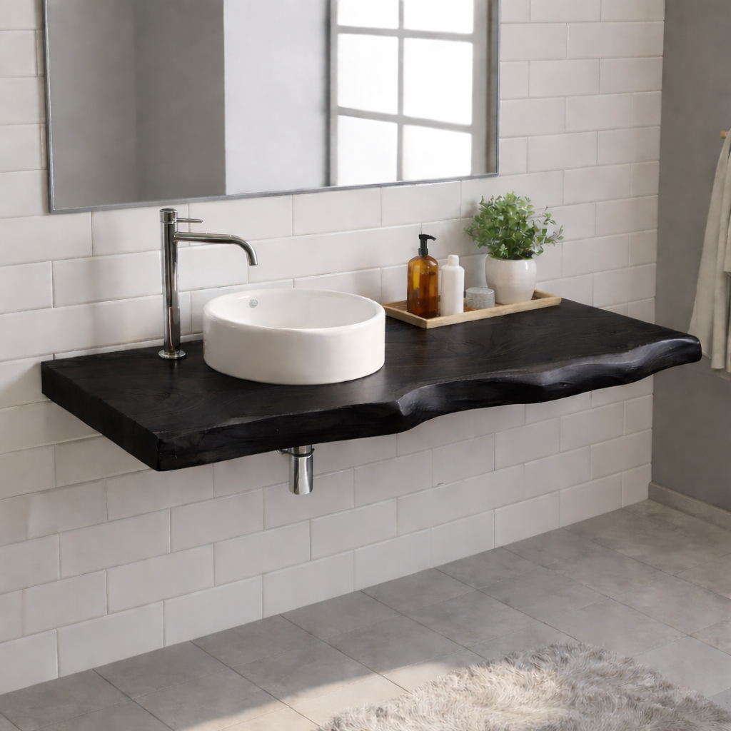 Floating Live Edge Solid Wood Bathroom Vanity Top – Rustic Wall Mounted Wood Countertop Kitchnce
