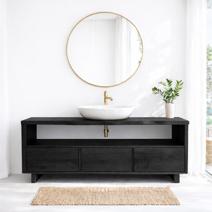 Solid Wood Bathroom Vanity with Open Shelf and Three Drawers – Rustic Freestanding Wood Vanity Cabinet Kitchnce