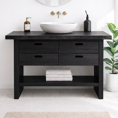 Solid Wood Bathroom Vanity Cabinet with Live Edge Top, 4 Drawers and Open Storage Shelf Kitchnce
