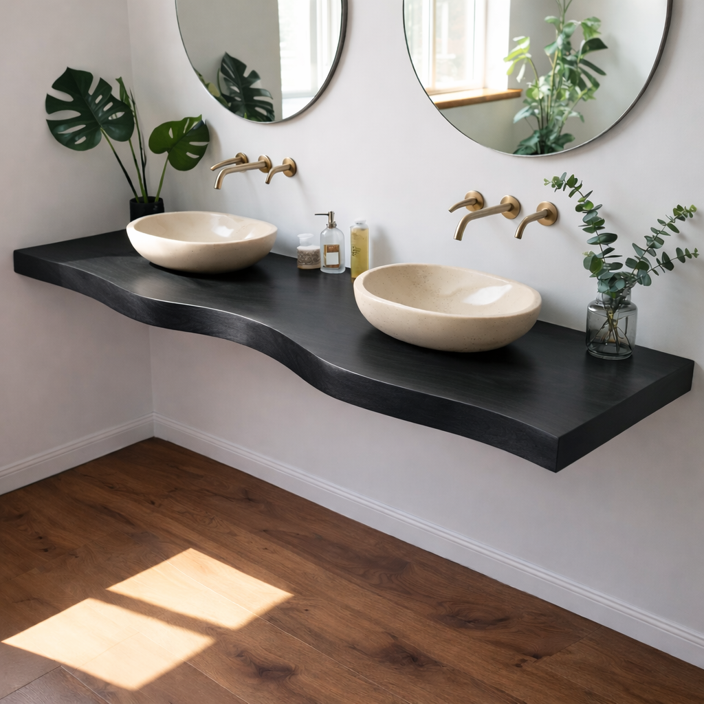 Floating Live Edge Solid Wood Double Sink Bathroom Vanity Top – Rustic Wall Mounted Wood Countertop Kitchnce