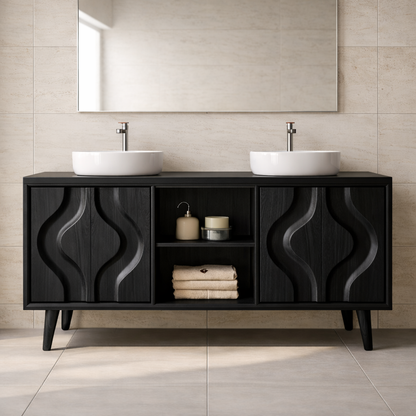 Mid-Century Solid Wood Double Bathroom Vanity Cabinet with Sculpted Wave Doors and Open Shelf