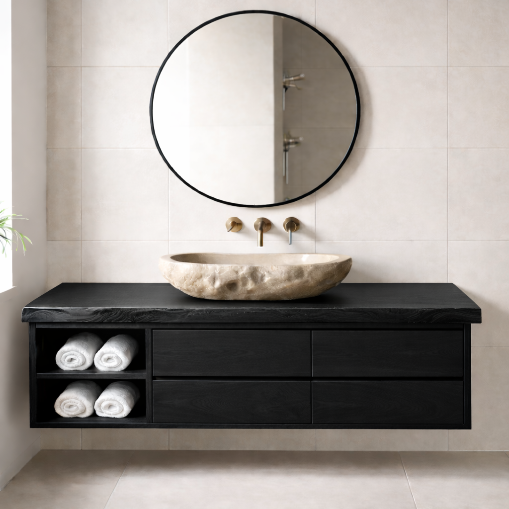 Floating Solid Wood Bathroom Vanity with Live Edge Countertop, Drawers and Open Storage Kitchnce