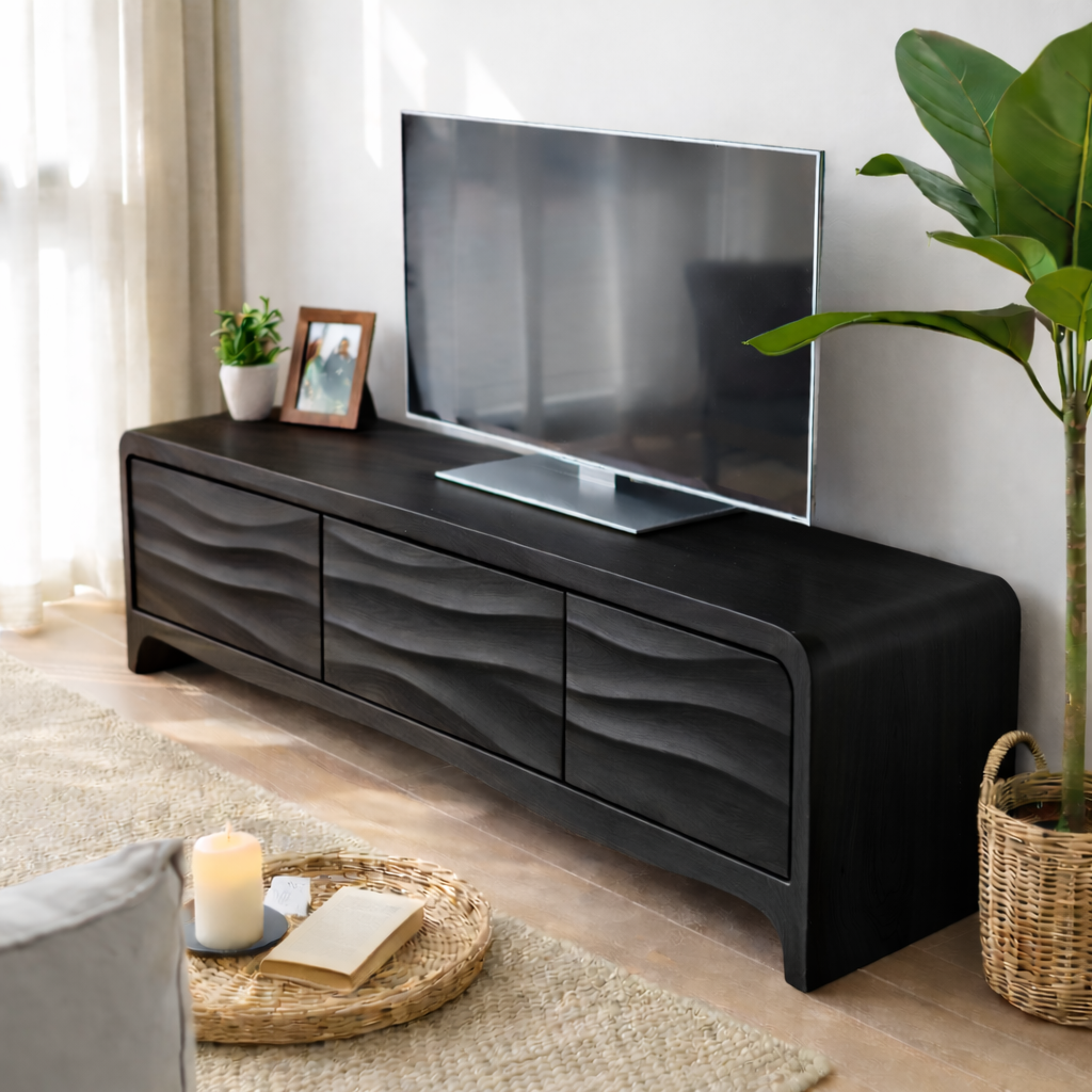 Solid Wood TV Stand with Wave Front Drawers for Modern Living Spaces Kitchnce
