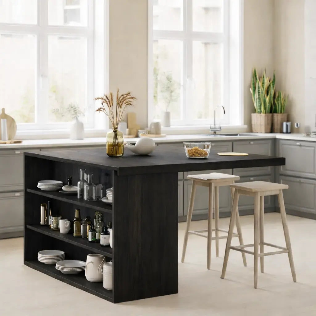 Modern Solid Wood Kitchen Island with Open Storage Shelves, Walnut Kitchen Bar Table Kitchnce