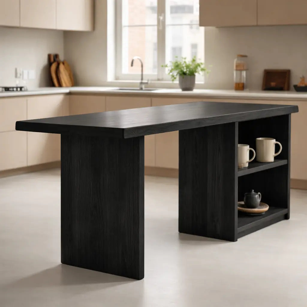 Solid Wood Kitchen Island with Open Shelf Storage and Spacious Prep Table Kitchnce