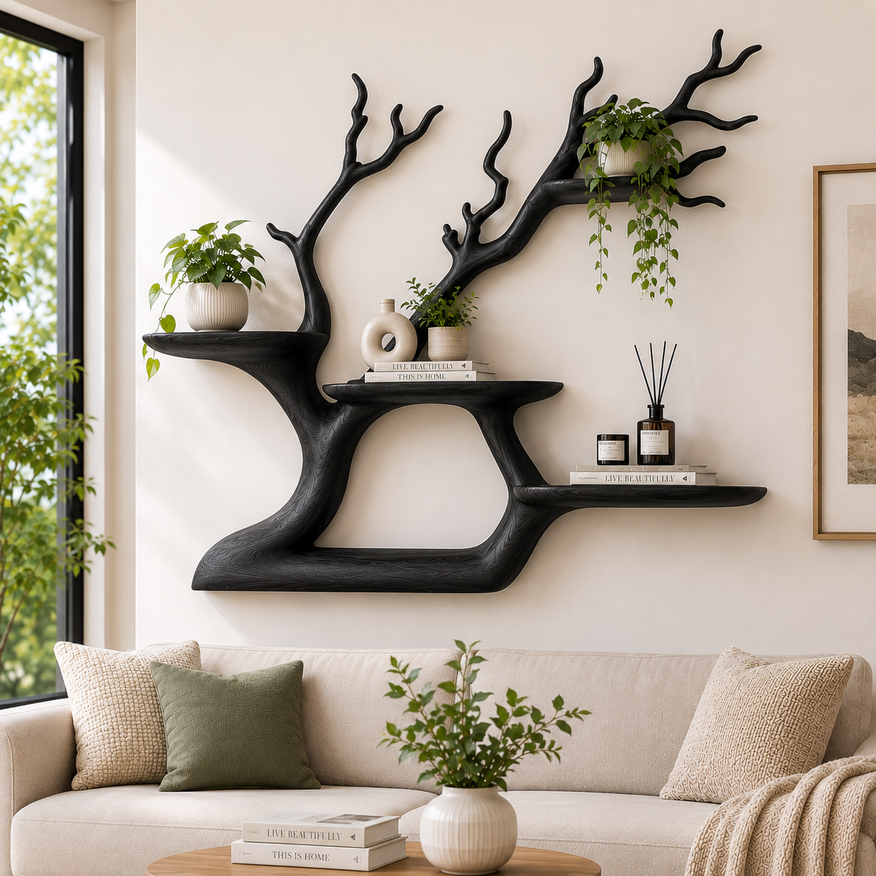Handcrafted Solid Wood Tree Bookshelf with Floating Shelves