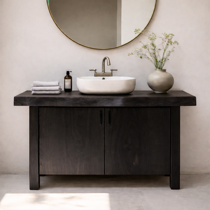Solid Wood Bathroom Vanity with Slab Doors – Modern Organic Freestanding Single Sink Cabinet