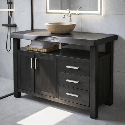 Solid Wood Bathroom Vanity with Cabinet Doors, Three Drawers and Open Shelf – Freestanding Natural Wood Vanity Kitchnce