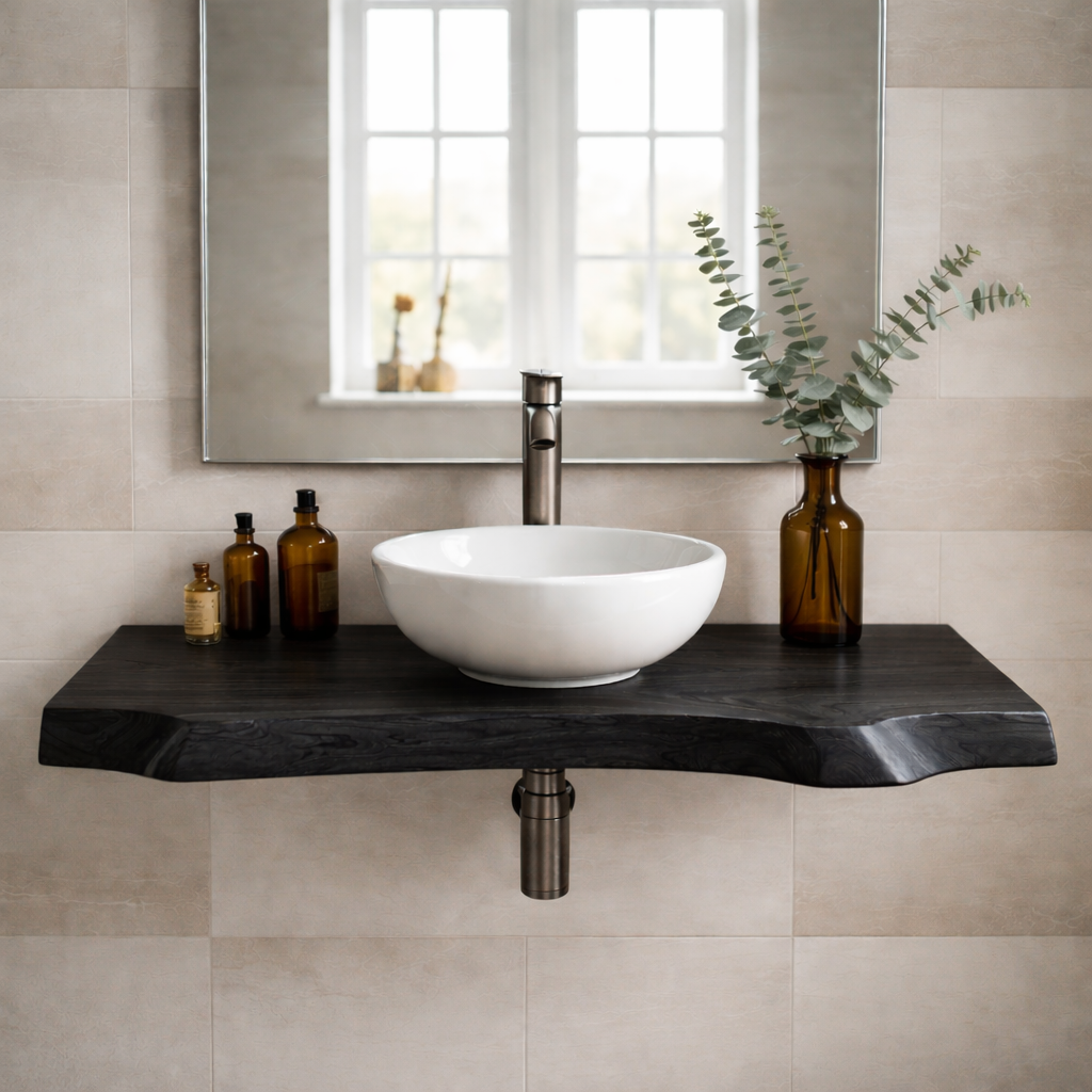 Floating Live Edge Solid Wood Bathroom Vanity – Wall Mounted Natural Wood Slab Vanity Kitchnce