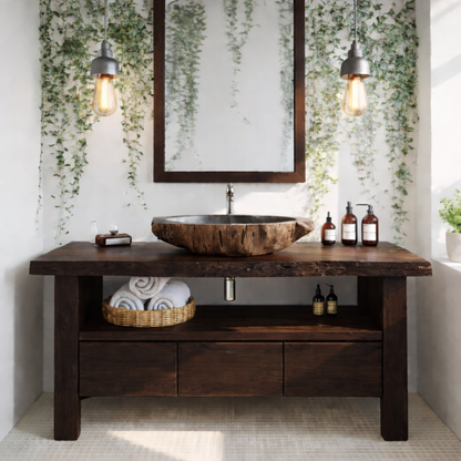 Live Edge Solid Wood Bathroom Vanity with Drawers and Open Shelf – Rustic Natural Wood Bathroom Vanity Kitchnce