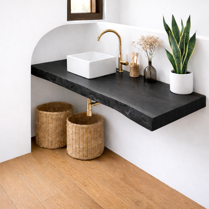 Floating Solid Wood Bathroom Vanity with Live Edge Top and Vessel Sink – Wall Mounted Vanity Kitchnce
