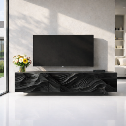 Modern Solid Wood TV Stand with Artistic Carved Front – Walnut Media Console Cabinet Kitchnce