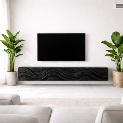 Floating Solid Wood TV Stand with Carved Wave Front – Modern Walnut Media Console Kitchnce