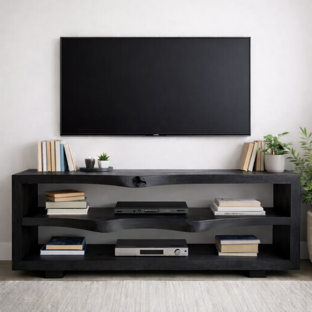 Rustic Solid Wood TV Stand with Open Shelves for Modern Living Rooms Kitchnce