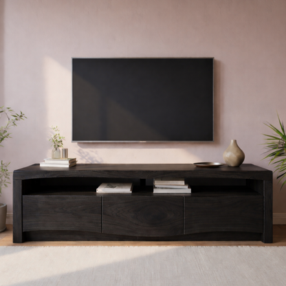 Modern Solid Wood TV Stand with Live Edge Top – Walnut Media Console Cabinet Kitchnce