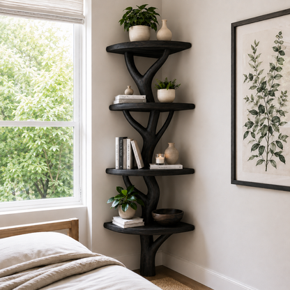 Handcrafted Solid Wood Tree Corner Shelf with Twisted Branch Design