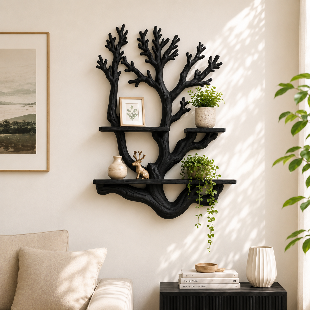 Handcrafted Solid Wood Tree Display Shelf with Organic Branch Design