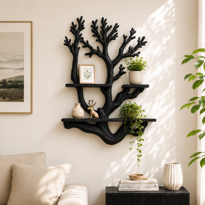 Handcrafted Solid Wood Tree Display Shelf with Organic Branch Design