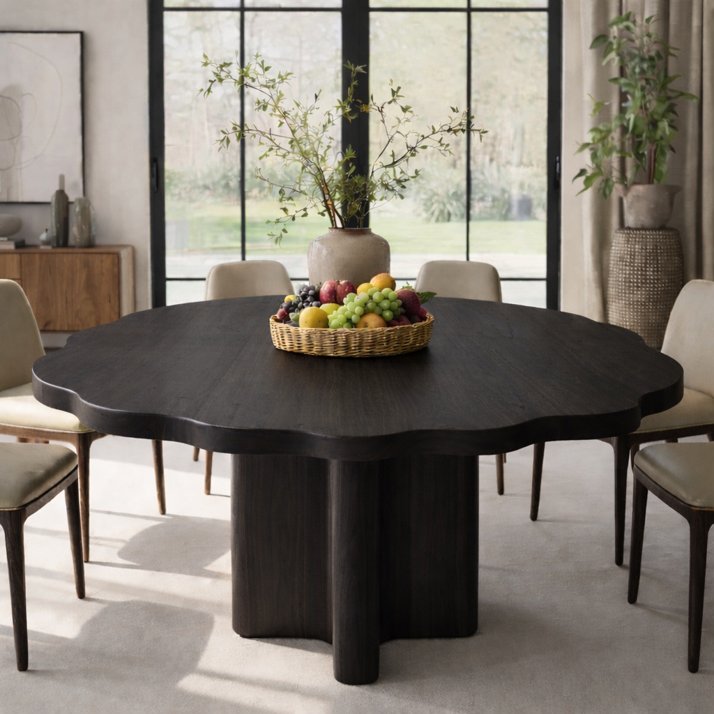 Round Solid Wood Dining Table with Sculptural Pedestal Base Modern Rustic Table